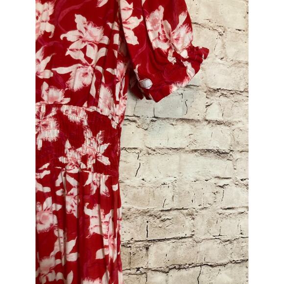 Amanda's Collection Babydoll Dress Womens Medium Red Tropical Floral Cottage - Picture 7 of 13